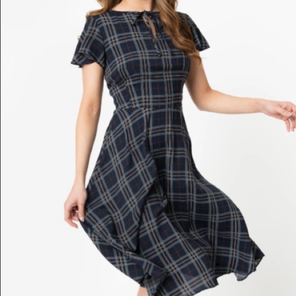 Unique Vintage Navy Plaid Formosa Dress L, NWT